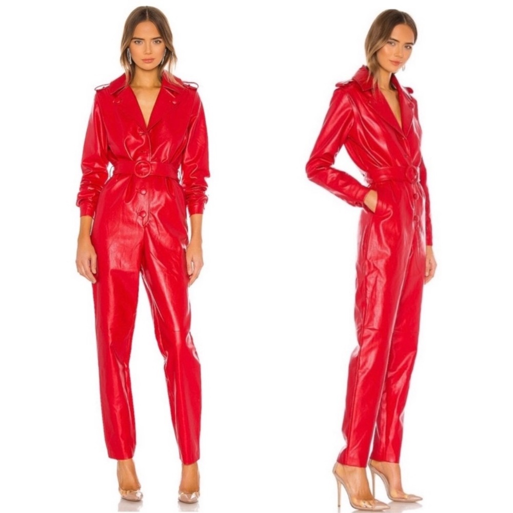 Ronny Kobo Collection Red Faux-Leather Belted Trench Jumpsuit